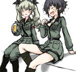  10s 2girls anchovy_(girls_und_panzer) anzio_military_uniform black_hair boots bottle breasts brown_eyes cleavage closed_eyes commentary days135 drill_hair drink girls_und_panzer green_hair hair_ribbon highres holding jacket medium_breasts multiple_girls one_eye_closed open_mouth pepperoni_(girls_und_panzer) ribbon short_hair sitting sweat twintails 