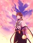  1boy black_pants brown_hair cape clenched_hand clouds cloudy_sky corokuro cowboy_shot earrings from_below green_eyes highres jewelry outdoors pants sky solo sorey_(tales) sword tales_of_(series) tales_of_zestiria weapon yellow_feathers 