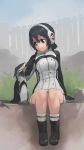  1girl bird black_hair boots brown_eyes full_body headphones highres humboldt_penguin humboldt_penguin_(kemono_friends) kemono_friends looking_away outdoors paintrfiend penguin petting short_hair smile solo tagme 