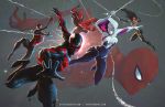  2girls 4boys bodysuit gwen_stacy highres hood hoodie jose_vega marvel mask midair multiple_boys multiple_girls peter_parker scarlet_spider silk silk_(marvel) spider-gwen spider-man spider-man_(2099) spider-man_(miles_morales) spider-man_(series) spider_web superhero 