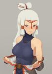  1girl bangs blunt_bangs bodysuit breasts brown_eyes facial_mark forehead_mark hair_tubes jewelry large_breasts long_hair looking_at_viewer necklace paya_(zelda) pointy_ears putchers short_eyebrows skin_tight sleeveless solo the_legend_of_zelda the_legend_of_zelda:_breath_of_the_wild undressing white_hair 