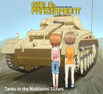  10s 2girls absurdres brown_hair girls_und_panzer ground_vehicle highres military military_vehicle motor_vehicle mountain mujin_teisatsuki multiple_girls nishizumi_maho nishizumi_miho panzer_front panzerkampfwagen_ii sky tank tank_top younger 