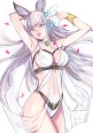  1girl :d animal_ears armpits blue_eyes bra bracer breasts cowboy_shot erun_(granblue_fantasy) eyebrows_visible_through_hair granblue_fantasy hair_ornament hands_up highres korwa long_hair looking_at_viewer medium_breasts navel open_mouth panties petals smile solo standing tetsu_(kimuchi) underwear white_background white_bra white_panties 