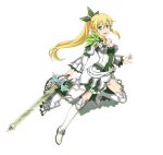  1girl armor armored_dress blonde_hair boots braid breasts cleavage detached_sleeves dress from_side full_body green_eyes green_ribbon hair_ribbon high_ponytail holding holding_sword holding_weapon leafa long_hair looking_at_viewer medium_breasts one_leg_raised open_mouth pointy_ears ribbon simple_background sleeveless sleeveless_dress solo strapless strapless_dress sword sword_art_online thigh-highs thigh_boots twin_braids very_long_hair weapon white_background white_boots 