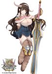  1girl blue_eyes brave_girl_ravens breasts brown_hair capelet cleavage copyright_name dress elbow_gloves f-cla full_body gloves highres horns huge_weapon large_breasts long_hair looking_at_viewer miruru_dize short_dress smile solo sword thigh-highs weapon white_background 