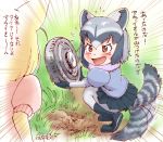  &gt;:d 2girls :d afterimage animal_ears black_hair blonde_hair blush brown_eyes common_raccoon_(kemono_friends) emphasis_lines explosive fennec_(kemono_friends) flying_sweatdrops fox_ears from_side gloves grey_hair holding kemono_friends looking_at_another mine_(weapon) multicolored_hair multiple_girls open_mouth puffy_short_sleeves puffy_sleeves raccoon_ears raccoon_tail short_hair short_sleeves silver_hair skirt smile sparkling_eyes speed_lines squatting striped_tail tail tail_wagging translation_request weapon yabataso 