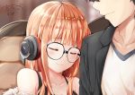  1boy 1girl black_hair closed_eyes fur_trim glasses headphones hug jacket jitai kurusu_akira long_hair orange_hair persona persona_5 sakura_futaba short_hair smile 