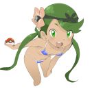  1girl :o bent_over bikini blue_bikini blush breasts cleavage commentary_request dark_skin flower green_eyes green_hair hair_flower hair_ornament hand_on_own_knee happy hips leaning_forward legs looking_at_viewer mallow_(pokemon) navel ookamiuo open_mouth pokemon pokemon_(game) pokemon_sm simple_background small_breasts solo stomach swimsuit teeth trial_captain twintails white_background 