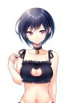  1girl bangs bell bell_choker black_bra black_hair bra breasts cat_cutout cat_lingerie choker cleavage cleavage_cutout closed_mouth collarbone commentary expressionless eyebrows_visible_through_hair frilled_bra frills hand_up hips holding jingle_bell koyoka lingerie looking_to_the_side medium_breasts meme_attire mole mole_under_eye navel original short_hair simple_background solo tsurime underwear upper_body violet_eyes white_background 