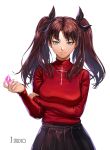  fate/stay_night fate_(series) gem green_eyes hair_ribbon highres joe_(j_studio) long_hair looking_at_viewer red_sweater ribbon shiny shiny_hair simple_background skirt solo standing sweater tohsaka_rin twintails white_background 