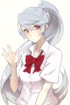  1girl blue_hair bow dress_shirt highres labrys long_hair looking_at_viewer persona persona_4:_the_ultimate_in_mayonaka_arena ponytail rdc7229 red_eyes school_uniform shirt solo upper_body very_long_hair waving white_shirt 