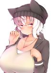  1girl alternate_costume bangs beanie breasts closed_mouth collarbone contemporary hat highres hood hoodie huge_breasts inubashiri_momiji jewelry long_sleeves necklace open_clothes open_hoodie red_eyes shishi_juuroku short_hair solo touhou upper_body wavy_mouth white_hair 