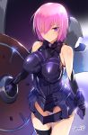  1girl armor bare_shoulders breasts elbow_gloves fate/grand_order fate_(series) gloves hair_over_one_eye highres large_breasts onoderaonoderao pink_hair shield shielder_(fate/grand_order) solo thigh-highs violet_eyes 