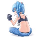  1girl ass bare_shoulders black_gloves black_panties blue_eyes blue_hair breasts butt_crack cigarette full_body gloves hair_bobbles hair_ornament indian_style kanichiri kawashiro_nitori legs_crossed looking_at_viewer looking_back medium_breasts outstretched_arm panties pants pantyshot pantyshot_(sitting) reaching_out short_hair simple_background sitting solo sports_bra touhou twintails underwear white_background wrench 
