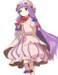  1girl bangs blue_bow blue_eyes blue_ribbon blunt_bangs blush book bow bowtie closed_mouth crescent dress frilled_dress frilled_sleeves frills hair_bow hasebe_yuusaku hat hat_ribbon holding holding_book long_hair long_sleeves looking_at_viewer mob_cap pajamas patchouli_knowledge purple_hair red_bow red_bowtie red_ribbon ribbon solo striped touhou vertical-striped_dress vertical_stripes very_long_hair 