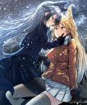  2girls :o animal_ears black_hair black_legwear blonde_hair blush bow bowtie breasts coat eye_contact ezo_red_fox_(kemono_friends) fox_ears fox_girl fox_tail girl_on_top gloves gradient_hair grey_hair hand_holding hand_on_another&#039;s_face highres interlocked_fingers kemono_friends leg_between_thighs long_hair long_sleeves looking_at_another medium_breasts multicolored_hair multiple_girls open_mouth pantyhose pleated_skirt saiki_rider silver_fox_(kemono_friends) silver_hair sitting skirt snow sparkle tail thigh-highs two-tone_hair very_long_hair yellow_eyes yuri 