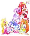  5girls blonde_hair blue_hair cure_ace cure_diamond cure_heart cure_rosetta cure_sword dokidoki!_precure eye_contact kamikita_futago looking_at_another multiple_girls orange_hair ponytail precure purple_hair redhead sitting smile standing twintails yuri 