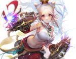  1girl animal_ears bangs blush braid brown_eyes cat_ears facial_mark final_fantasy final_fantasy_xiv leaning_forward liduke looking_at_viewer midriff miqo&#039;te monk_(final_fantasy) number parted_bangs parted_lips revision side_braid smile solo thigh_gap white_background white_hair 
