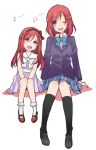  2girls beamed_quavers dual_persona hair_between_eyes long_hair long_sleeves looking_at_another love_live! love_live!_school_idol_project messy_hair mii_(nano0o0) multiple_girls musical_note nishikino_maki open_mouth quaver redhead school_uniform shirt smile violet_eyes younger 