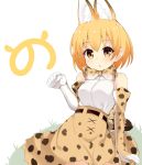  1girl :o animal_ears arm_support bangs bare_shoulders blonde_hair blush bow bowtie brown_belt clenched_hand cross-laced_clothes elbow_gloves eyebrows_visible_through_hair gloves grass hand_up high-waist_skirt japari_symbol kemono_friends looking_at_viewer maccha multicolored multicolored_clothes multicolored_gloves on_floor on_grass on_ground paw_pose print_bow print_bowtie print_gloves print_skirt reclining serval_(kemono_friends) serval_ears serval_print serval_tail shiny shiny_hair shiny_skin shirt short_hair skirt sleeveless sleeveless_shirt solo striped_tail tail white_background white_shirt yellow_eyes 