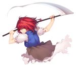  &gt;:) 1girl bangs blue_vest breasts clenched_teeth grin holding holding_weapon incoming_attack kaiza_(rider000) large_breasts looking_at_viewer onozuka_komachi profile puffy_short_sleeves puffy_sleeves red_eyes redhead scythe short_sleeves simple_background smile solo teeth touhou two_side_up upper_body vest weapon white_background 