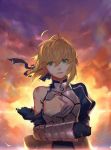  ahoge armor backlighting bare_arm blood blue_bow bow breastplate bruise damaged fate_(series) gauntlets gorget green_eyes hair_bow injury juliet_sleeves long_sleeves puffy_sleeves saber smile sola7764 tears wind 