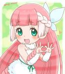  1girl :d arm_warmers armadillo_tail bangs belt blunt_bangs blush body_blush border braid collar dress eyebrows eyebrows_visible_through_hair eyelashes fairy_wings french_braid fukai_(yas_lions) fur_collar green_background green_belt green_eyes green_ribbon head_wreath_removed heart heart_hands kemono_friends long_hair looking_at_viewer mini_wings multicolored_hair open_mouth outside_border pink_fairy_armadillo_(kemono_friends) ribbon rounded_corners shiny shiny_skin sleeveless sleeveless_dress smile solo strapless strapless_dress tail tareme twitter_username two-tone_hair upper_body white_border white_dress wings 