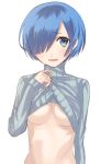  1girl arm_at_side blue_eyes blue_hair breasts clothes_lift eyebrows_visible_through_hair grey_sweater hair_over_one_eye head_tilt kichannico looking_at_viewer medium_breasts parted_lips re:zero_kara_hajimeru_isekai_seikatsu rem_(re:zero) ribbed_sweater short_hair simple_background sleeves_past_wrists solo sweater sweater_lift turtleneck turtleneck_sweater upper_body white_background 