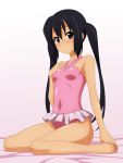  1girl barefoot black_hair brown_eyes casual_one-piece_swimsuit feet highres k-on! nakano_azusa one-piece_swimsuit sitting solo sugimura_tomokazu swimsuit toes twintails wariza 