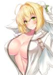 1girl bare_shoulders bell bell_collar blonde_hair breasts cleavage collar fate/extra fate/extra_ccc fate_(series) green_eyes highres large_breasts lock looking_at_viewer saber_bride saber_extra sankakusui_(deltawhite) short_hair simple_background smile solo white_background 