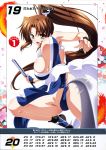  1girl bangs bare_shoulders blush breasts brown_eyes brown_hair cleavage eyebrows_visible_through_hair fan fatal_fury highres izumi_mahiru large_breasts long_hair ninja official_art open_mouth pelvic_curtain ponytail queen&#039;s_blade queen&#039;s_gate revealing_clothes scan shiranui_mai solo the_king_of_fighters torn_clothes 