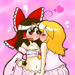  2girls blonde_hair blush breasts brown_eyes brown_hair cheek_kiss chocolate commentary_request detached_sleeves flying_sweatdrops hakurei_reimu heart holding kirisame_marisa kiss multiple_girls no_nose oily open_mouth ribbon-trimmed_sleeves ribbon_trim sarashi small_breasts steam touhou underwear underwear_only upper_body yuri 
