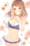  1girl bikini blush breasts brown_hair cleavage cowboy_shot flower houjou_karen idolmaster idolmaster_cinderella_girls jewelry komi_zumiko long_hair looking_at_viewer medium_breasts navel necklace petals seashell shell smile solo swimsuit 