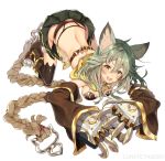  1girl :3 :d all_fours animal_ears bangs black_legwear black_skirt blush boots breasts brown_boots brown_eyes cat_band_legwear circle_name claw_(weapon) claws detached_sleeves erun_(granblue_fantasy) fangs full_body granblue_fantasy green_hair hair_between_eyes harunoibuki legs_apart long_hair looking_at_viewer medium_breasts microskirt open_mouth pleated_skirt sen_(granblue_fantasy) simple_background skirt smile solo teeth thigh-highs weapon white_background 