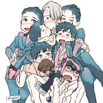  6+boys =_= black_hair blush child closed_eyes dog drooling eugenio2nd gloves hair_over_one_eye hand_holding hand_on_another&#039;s_hip ice_skates jewelry katsuki_yuuri legs_crossed male_focus medal multiple_boys multiple_persona necktie necktie_on_head open_mouth ring scarf silver_hair sitting sitting_on_lap sitting_on_person skates smile vicchan viktor_nikiforov younger yuri!!!_on_ice 
