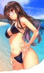  1girl 913 absurdres beach bikini black_bikini black_hair blush breasts cleavage cowboy_shot derivative_work from_below hairband hand_on_hip highres kasumigaoka_utaha large_breasts long_hair ocean red_eyes saenai_heroine_no_sodatekata side-tie_bikini sideboob smile solo standing swimsuit 