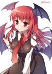  1girl bat_wings blush book breasts dress_shirt head_wings imp koakuma large_breasts leaning_forward long_hair long_sleeves looking_at_viewer mauve necktie red_eyes red_necktie redhead shirt simple_background skirt skirt_set smile solo touhou white_background white_shirt wings 