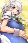  1girl :d bangs black_eyes blue_dress blush bow braid breasts dress from_side green_bow hair_bow highres izayoi_sakuya large_breasts looking_at_viewer looking_to_the_side maid maid_headdress open_mouth puffy_short_sleeves puffy_sleeves short_sleeves silver_hair smile solo touhou twin_braids umigarasu_(kitsune1963) upper_body wrist_cuffs 