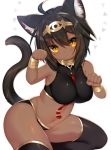  1girl :o ahoge animal_ears bastet bikini black_bikini black_hair black_legwear blush bracer breasts cat_ears cat_tail circlet dark_skin egyptian_mythology eyebrows_visible_through_hair jewelry large_breasts looking_at_viewer mofuaki navel original paw_pose simple_background slit_pupils solo swimsuit tail thick_eyebrows thigh-highs translation_request white_background yellow_eyes 