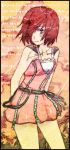  1girl arms_behind_back blue_eyes dress hair_over_one_eye jewelry kairi_(kingdom_hearts) kingdom_hearts necklace pendant pink_dress redhead short_hair skirt solo text thighs zipper 