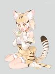 1girl animal_ears animal_print bare_shoulders blonde_hair blush bow bowtie cat_ears cat_tail elbow_gloves eyebrows_visible_through_hair frog full_body gloves green_eyes grey_background highres holding iku_ki kemono_friends looking_at_another open_mouth sand_cat_(kemono_friends) seiza short_hair simple_background sitting tail twitter_username