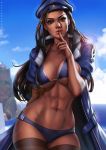  1girl abs alternate_costume ana_(overwatch) beret bikini black_hair blue_skirt breasts brown_eyes captain_amari cleavage coat dandon_fuga dark_skin facial_tattoo finger_to_mouth hat large_breasts long_coat long_hair looking_at_viewer navel open_clothes open_coat overwatch shushing skirt solo standing stomach swimsuit tattoo thigh-highs toned under_boob younger 