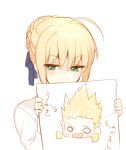  1girl ahoge blonde_hair blush fate/stay_night fate_(series) gilgamesh green_eyes holding ichinose_yukino looking_at_viewer saber simple_background solo translation_request upper_body white_background 