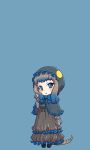  1girl :o adapted_costume animal_hat belt black_belt black_capelet black_dress black_hat blue_background blue_eyes blue_hair blue_ribbon blush bonnet brown_hair capelet child dress eyebrows_visible_through_hair eyelashes frilled_capelet frilled_dress frilled_hat frilled_sleeves frills fukai_(yas_lions) full_body gothic_lolita gradient_hair hand_in_hair hat hatching_(texture) kemono_friends komodo_dragon_(kemono_friends) komodo_dragon_tail lolita_fashion long_dress long_sleeves looking_at_viewer medium_hair multicolored_hair neck_ribbon open_mouth pink_lips ribbon simple_background solo standing striped_tail tail tsurime two-tone_hair younger 