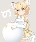 1girl :&lt; animal_ears ball bare_shoulders blonde_hair blush bow bowtie brown_hair cat_ears cat_tail commentary_request elbow_gloves eyebrows_visible_through_hair frilled_skirt frills gloves grey_background head_tilt high-waist_skirt japari_symbol kemono_friends kneeling looking_at_viewer maccha multicolored_hair print_bow print_bowtie print_skirt sand_cat_(kemono_friends) shirt short_hair simple_background skirt sleeveless sleeveless_shirt solo streaked_hair striped_tail tail triangle_mouth white_legwear white_shirt yellow_eyes 
