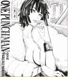  1girl absurdres bangs black_hair blunt_bangs breasts building car finger_to_mouth fubuki_(one-punch_man) fur_coat greyscale ground_vehicle highres jewelry large_breasts lipstick looking_at_viewer makeup monochrome motor_vehicle murata_yuusuke official_art one-punch_man parted_lips short_hair sitting smile solo text upper_body window 