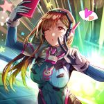  1girl bodysuit breasts brown_hair cellphone d.va_(overwatch) explosion facial_mark heart long_hair medium_breasts one_eye_closed overwatch phone pose red_eyes relly self_shot smartphone solo spoken_heart 
