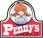  1girl ahoge bare_shoulders bow breasts cleavage cleavage_cutout commentary_request cosplay freckles green_eyes hair_bow hair_ribbon iesupa logo looking_at_viewer medium_breasts orange_hair parody parted_lips penny_polendina ribbon rwby short_twintails smile solo twintails upper_body wendy&#039;s wendy_(wendy&#039;s) wendy_(wendy&#039;s)_(cosplay) 
