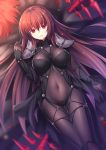  1girl ame_wa_a_ga_tsutano? armor bodysuit breasts covered_navel fate/grand_order fate_(series) gae_bolg highres large_breasts long_hair looking_at_viewer lying on_back parted_lips pauldrons polearm purple_bodysuit purple_hair red_eyes scathach_(fate/grand_order) shoulder_armor solo spear weapon 