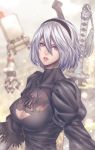  1girl absurdres black_dress black_hairband blue_eyes breasts cleavage_cutout dress hairband highres long_hair looking_at_viewer mole mole_under_mouth nier_(series) nier_automata no_blindfold pink_lips silver_hair solo yorha_no._2_type_b zucchini 